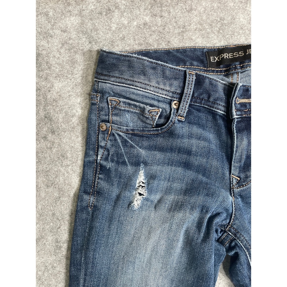Express Stella Low Rise Cropped Skinny Jeans Blue Distressed Denim Womens 0R - Picture 3 of 14